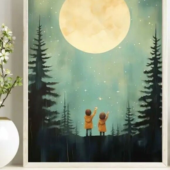 10"L x 8"W Whimsical Children Gazing Full Moon Starry Night Sky Canvas Art Print - Picture 3 of 3